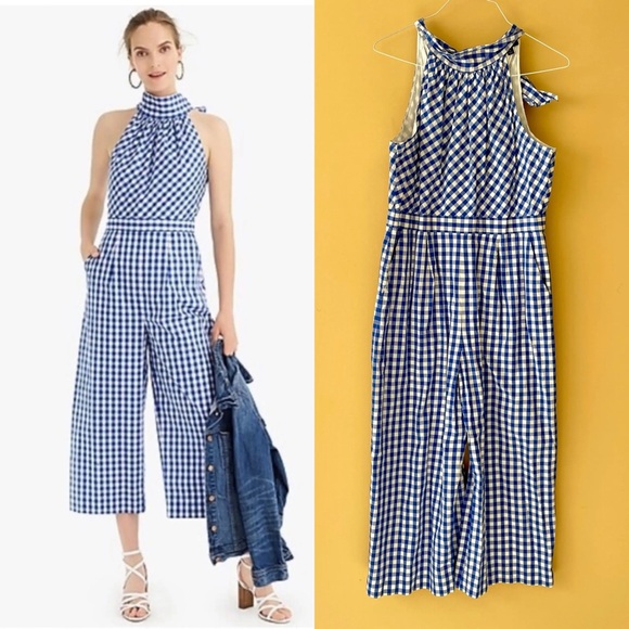 J. Crew Pants - J.Crew Gingham High-Neck Cotton Poplin Jumpsuit in blue and white